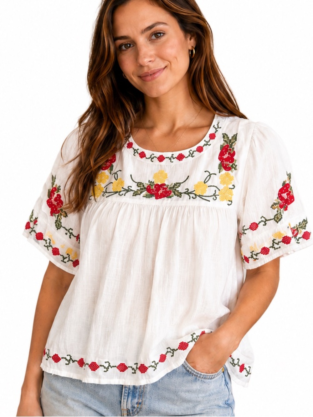 Z9Z.NWT White Embroidered Floral Peasant Top - Red & Yellow Linen blend